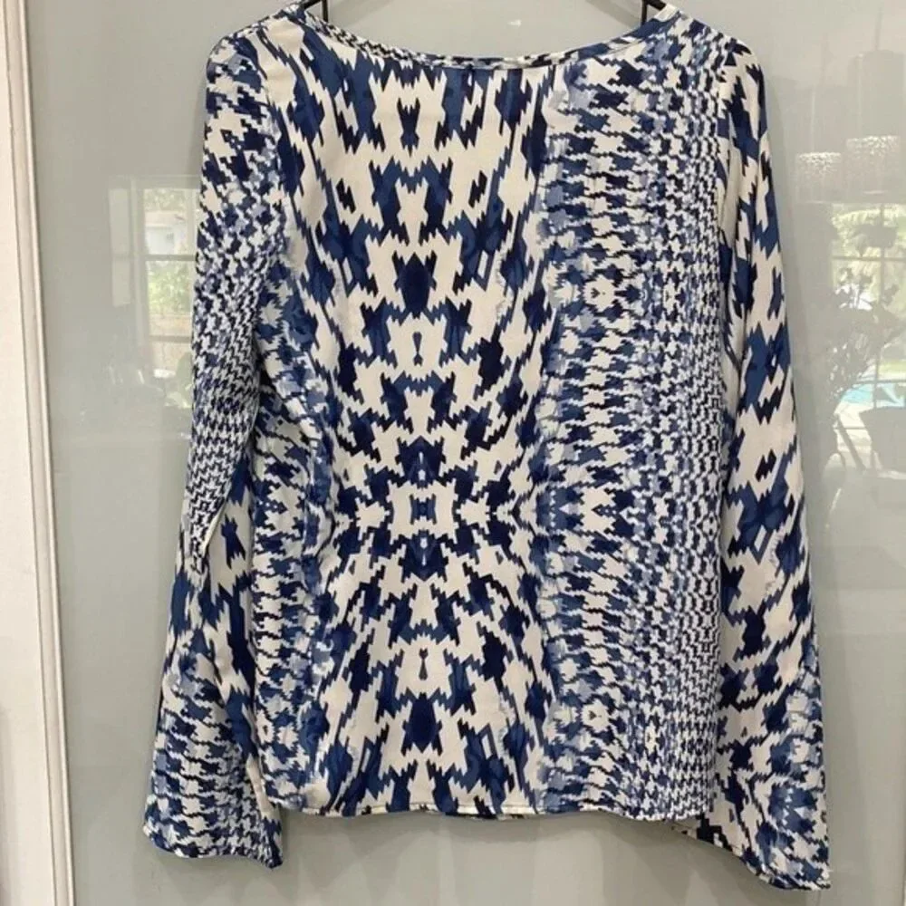 Caramela Women's White Blue Geometric Pattern Long Sleeve Blouse Dress Top Sz S - Picture 4 of 4